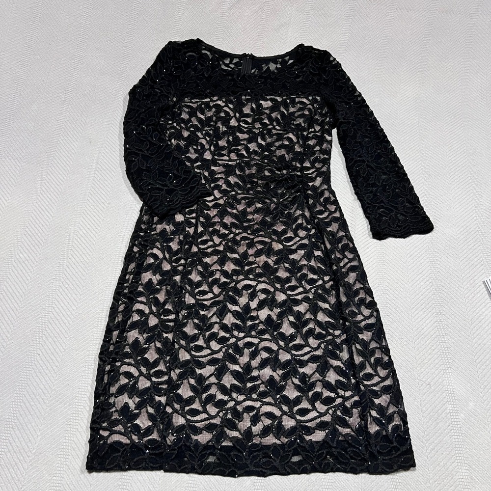 Jessica Howard Black Lace Overlay Sheath Dress Nude Lining Cocktail Women's 12